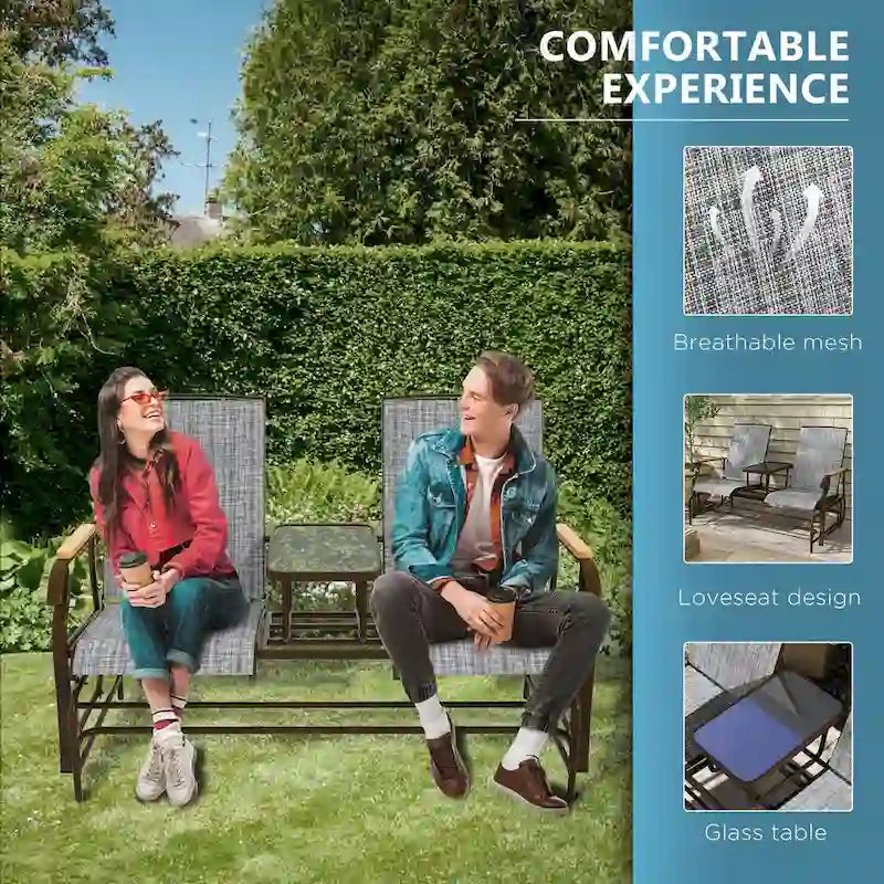 Banc planeur d'extérieur avec table centrale, causeuse de patio à cadre métallique avec tissu maillé respirant et accoudoirs