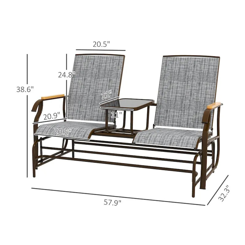 Banc planeur d'extérieur avec table centrale, causeuse de patio à cadre métallique avec tissu maillé respirant et accoudoirs