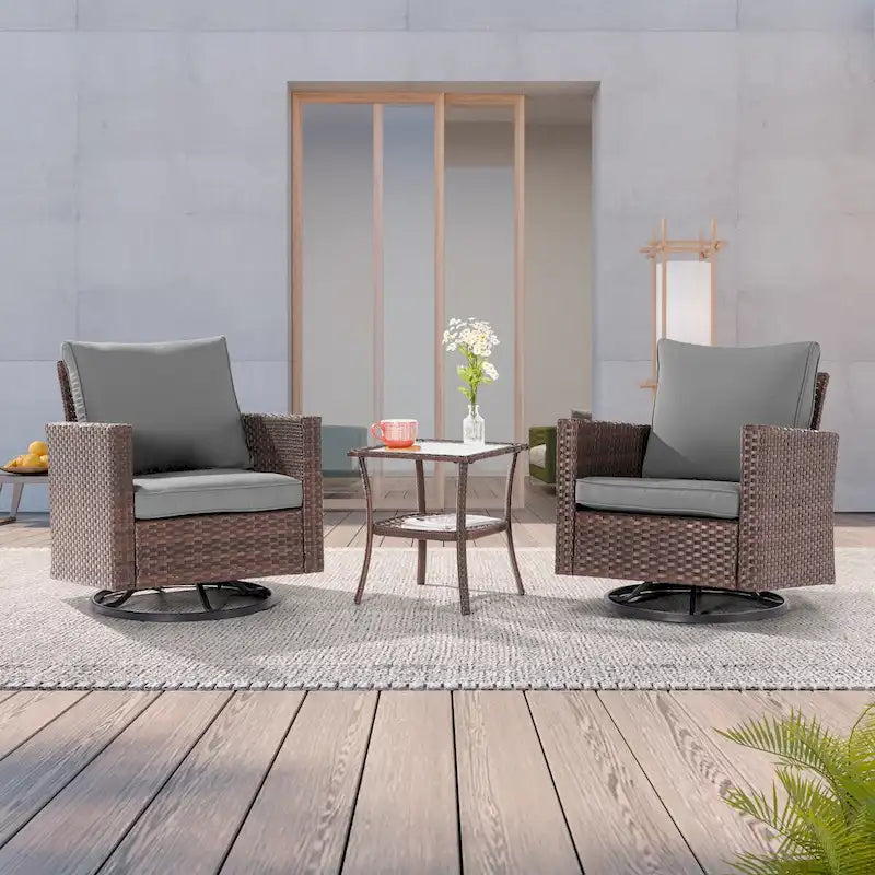 LIVOOSUN Ensemble de canapé de patio 3 pièces en rotin marron, fauteuil pivotant à bascule et table en verre