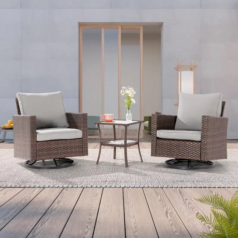 LIVOOSUN Ensemble de canapé de patio 3 pièces en rotin marron, fauteuil pivotant à bascule et table en verre