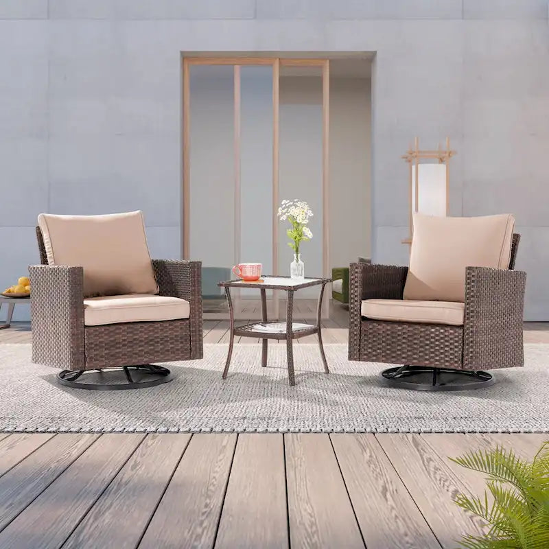 LIVOOSUN Ensemble de canapé de patio 3 pièces en rotin marron, fauteuil pivotant à bascule et table en verre