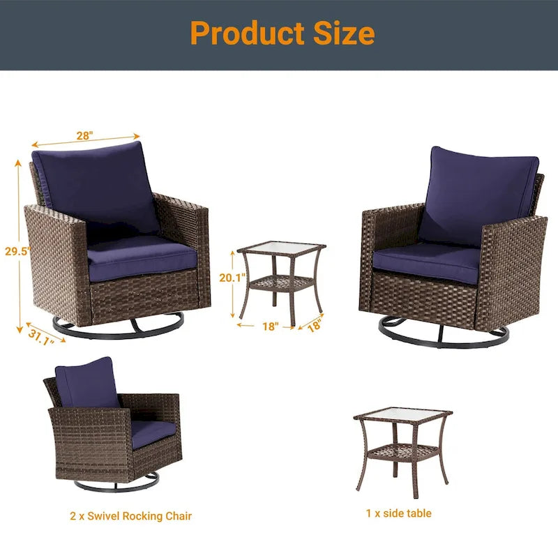 LIVOOSUN Ensemble de canapé de patio 3 pièces en rotin marron, fauteuil pivotant à bascule et table en verre