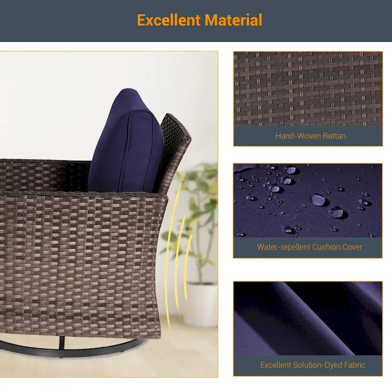 LIVOOSUN Ensemble de canapé de patio 3 pièces en rotin marron, fauteuil pivotant à bascule et table en verre