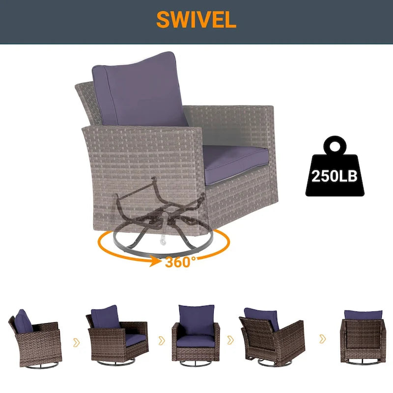 LIVOOSUN Ensemble de canapé de patio 3 pièces en rotin marron, fauteuil pivotant à bascule et table en verre