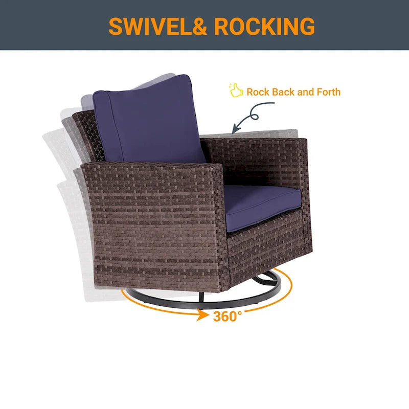 LIVOOSUN Ensemble de canapé de patio 3 pièces en rotin marron, fauteuil pivotant à bascule et table en verre