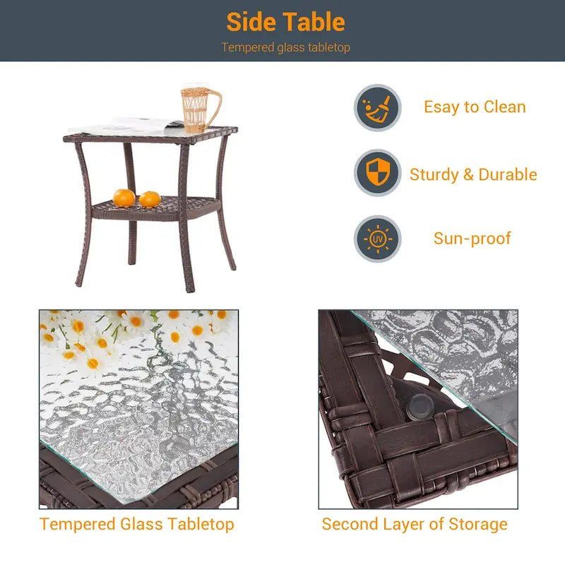 LIVOOSUN Ensemble de canapé de patio 3 pièces en rotin marron, fauteuil pivotant à bascule et table en verre