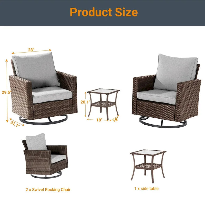LIVOOSUN Ensemble de canapé de patio 3 pièces en rotin marron, fauteuil pivotant à bascule et table en verre