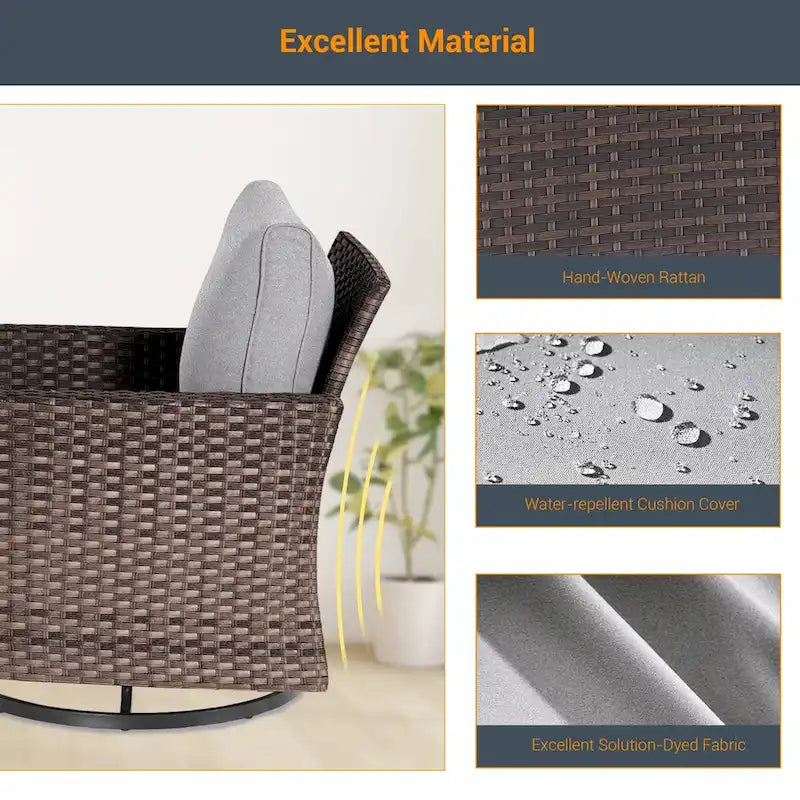 LIVOOSUN Ensemble de canapé de patio 3 pièces en rotin marron, fauteuil pivotant à bascule et table en verre