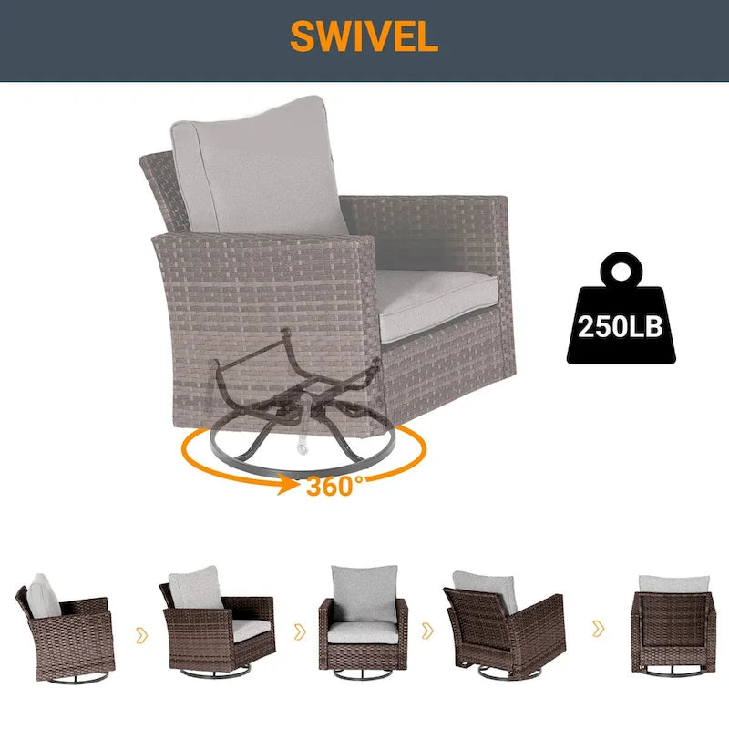 LIVOOSUN Ensemble de canapé de patio 3 pièces en rotin marron, fauteuil pivotant à bascule et table en verre