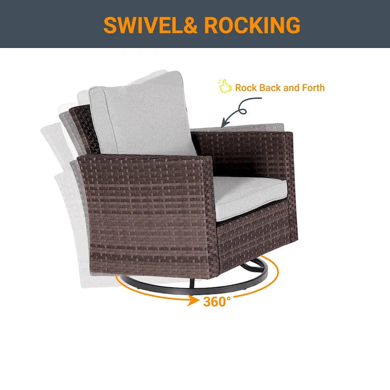 LIVOOSUN Ensemble de canapé de patio 3 pièces en rotin marron, fauteuil pivotant à bascule et table en verre