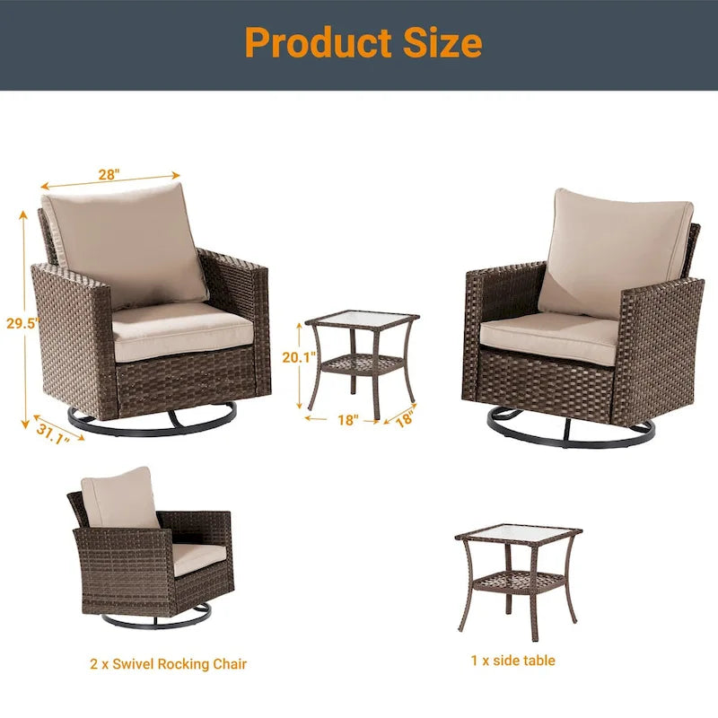LIVOOSUN Ensemble de canapé de patio 3 pièces en rotin marron, fauteuil pivotant à bascule et table en verre