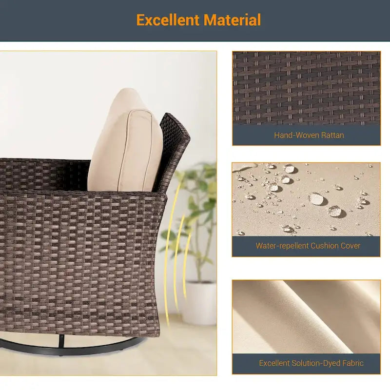 LIVOOSUN Ensemble de canapé de patio 3 pièces en rotin marron, fauteuil pivotant à bascule et table en verre