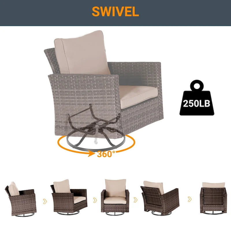 LIVOOSUN Ensemble de canapé de patio 3 pièces en rotin marron, fauteuil pivotant à bascule et table en verre