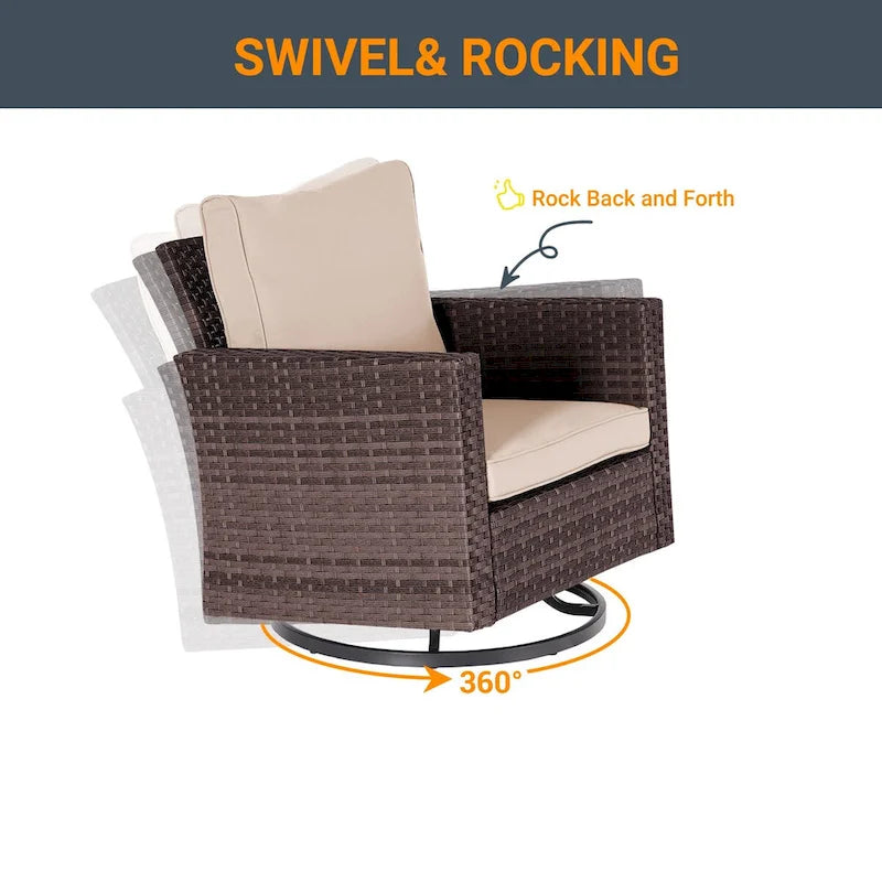 LIVOOSUN Ensemble de canapé de patio 3 pièces en rotin marron, fauteuil pivotant à bascule et table en verre