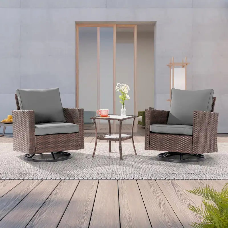 LIVOOSUN Ensemble de canapé de patio 3 pièces en rotin marron, fauteuil pivotant à bascule et table en verre