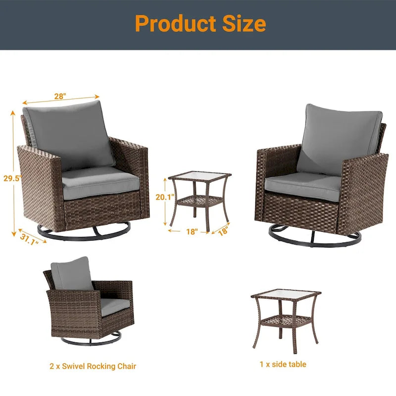 LIVOOSUN Ensemble de canapé de patio 3 pièces en rotin marron, fauteuil pivotant à bascule et table en verre