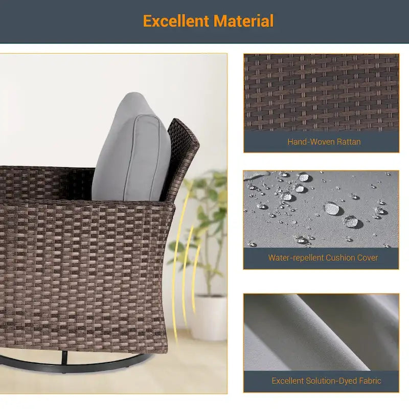 LIVOOSUN Ensemble de canapé de patio 3 pièces en rotin marron, fauteuil pivotant à bascule et table en verre