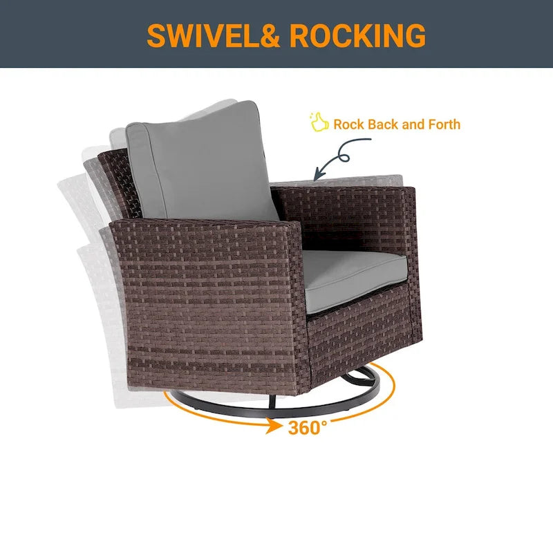 LIVOOSUN Ensemble de canapé de patio 3 pièces en rotin marron, fauteuil pivotant à bascule et table en verre