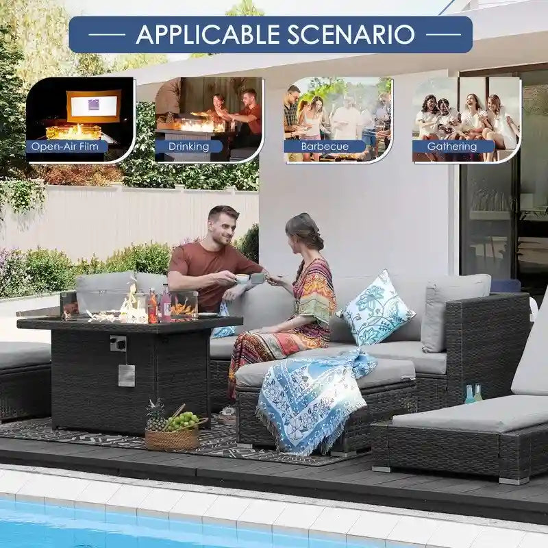 FINCATI Ensemble de canapé sectionnel 7 pièces en osier pour extérieur avec table brasero