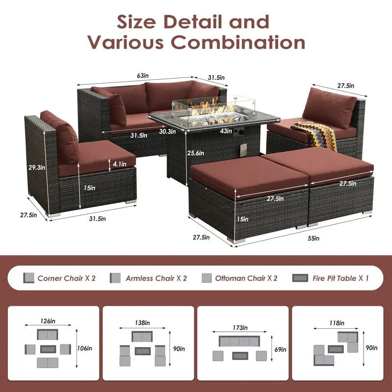 FINCATI Ensemble de canapé sectionnel 7 pièces en osier pour extérieur avec table brasero