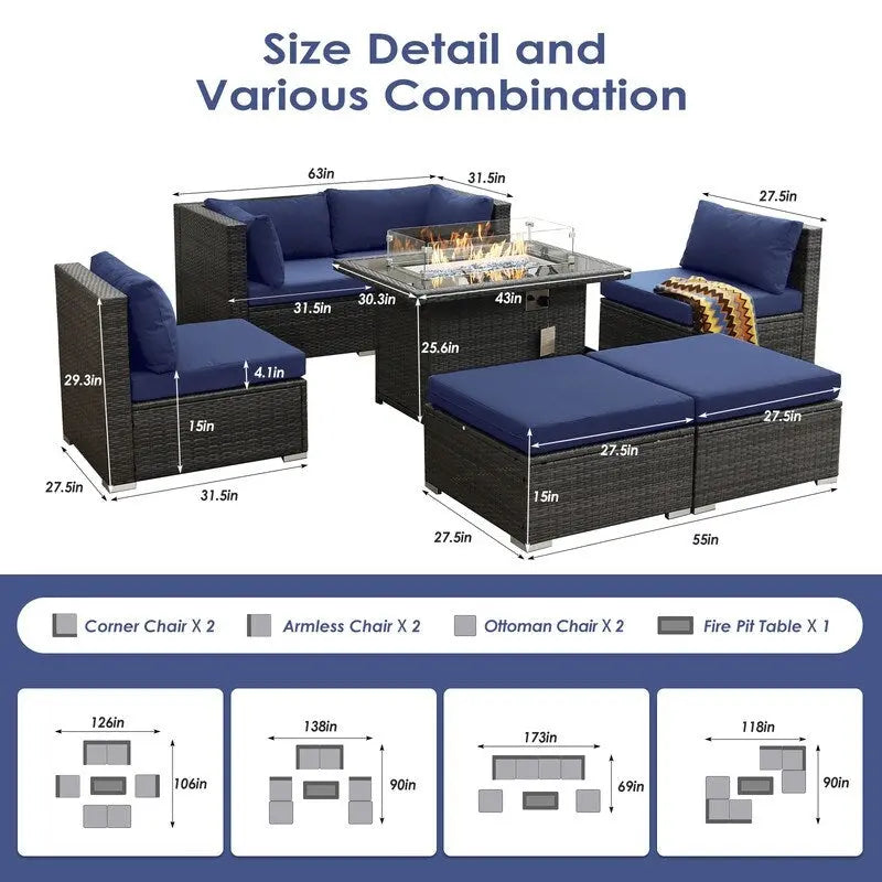 FINCATI Ensemble de canapé sectionnel 7 pièces en osier pour extérieur avec table brasero