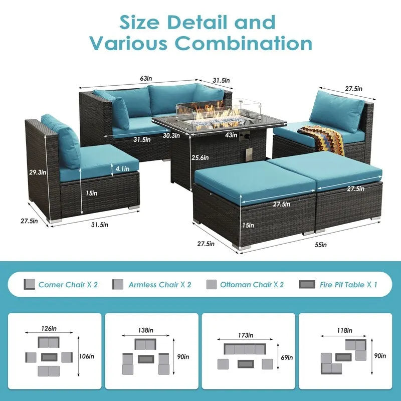 FINCATI Ensemble de canapé sectionnel 7 pièces en osier pour extérieur avec table brasero