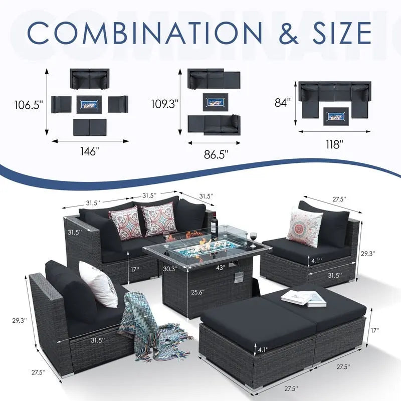 FINCATI Ensemble de canapé sectionnel 7 pièces en osier pour extérieur avec table brasero