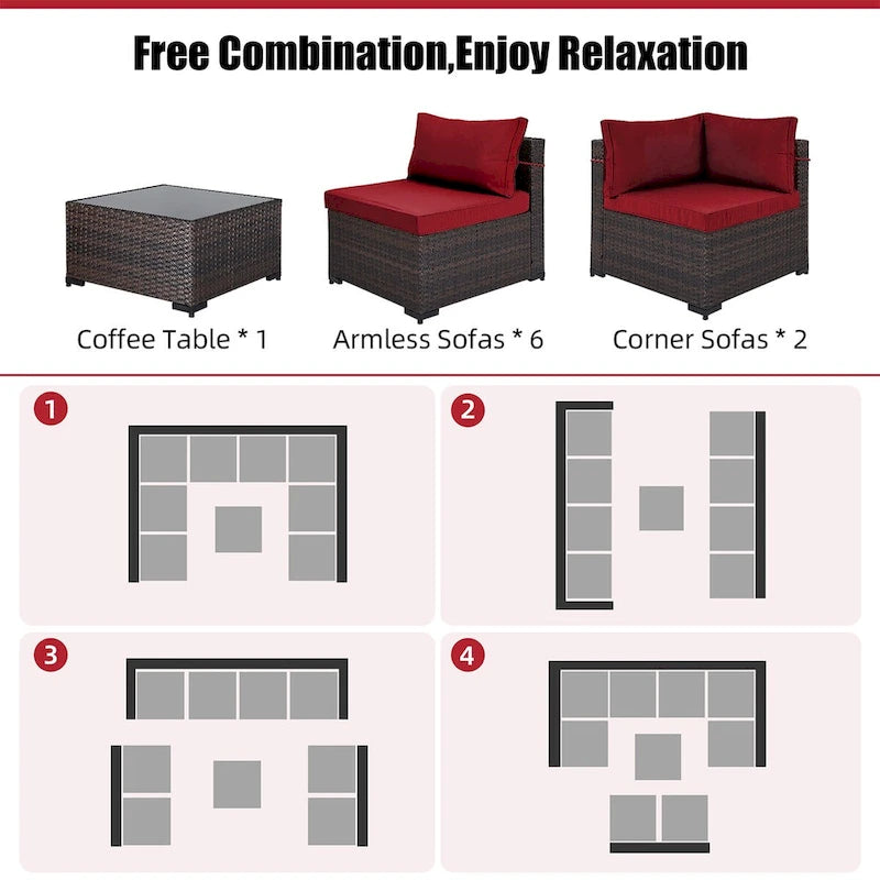 Ensemble sectionnel d'extérieur Patio Watcher en rotin 8 places avec coussins et table basse