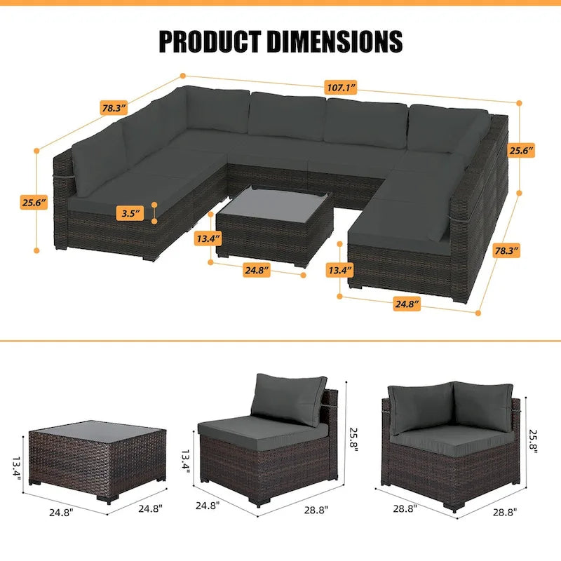 Ensemble sectionnel d'extérieur Patio Watcher en rotin 8 places avec coussins et table basse