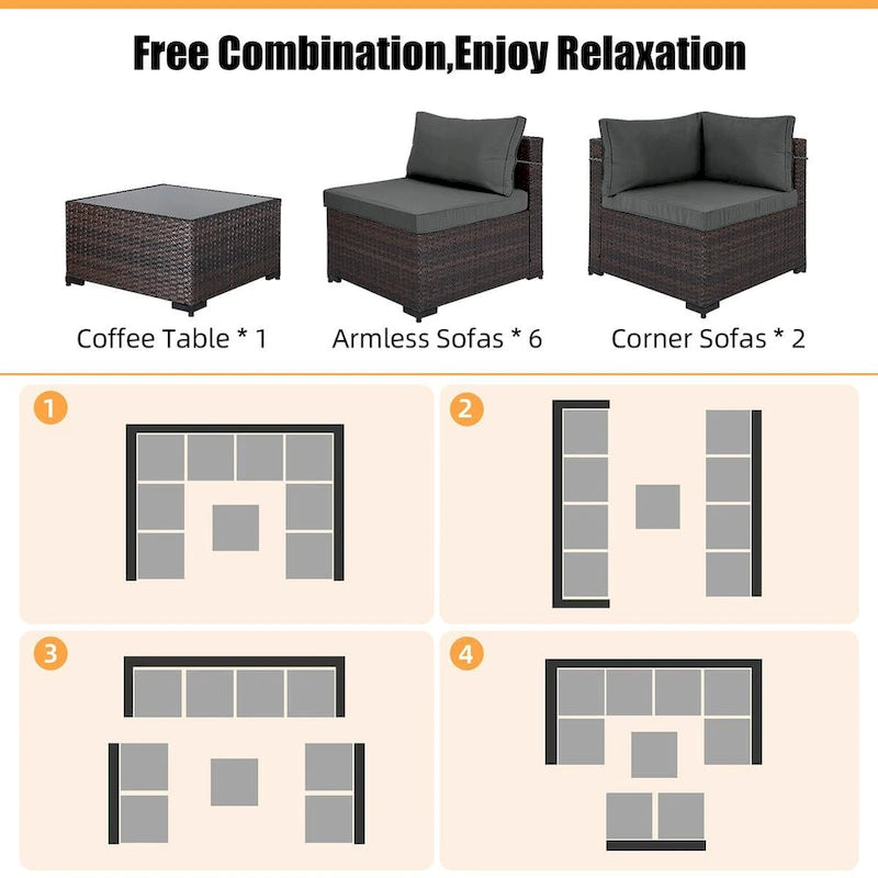 Ensemble sectionnel d'extérieur Patio Watcher en rotin 8 places avec coussins et table basse