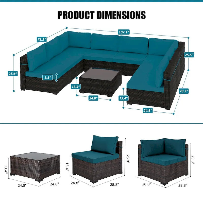 Ensemble sectionnel d'extérieur Patio Watcher en rotin 8 places avec coussins et table basse