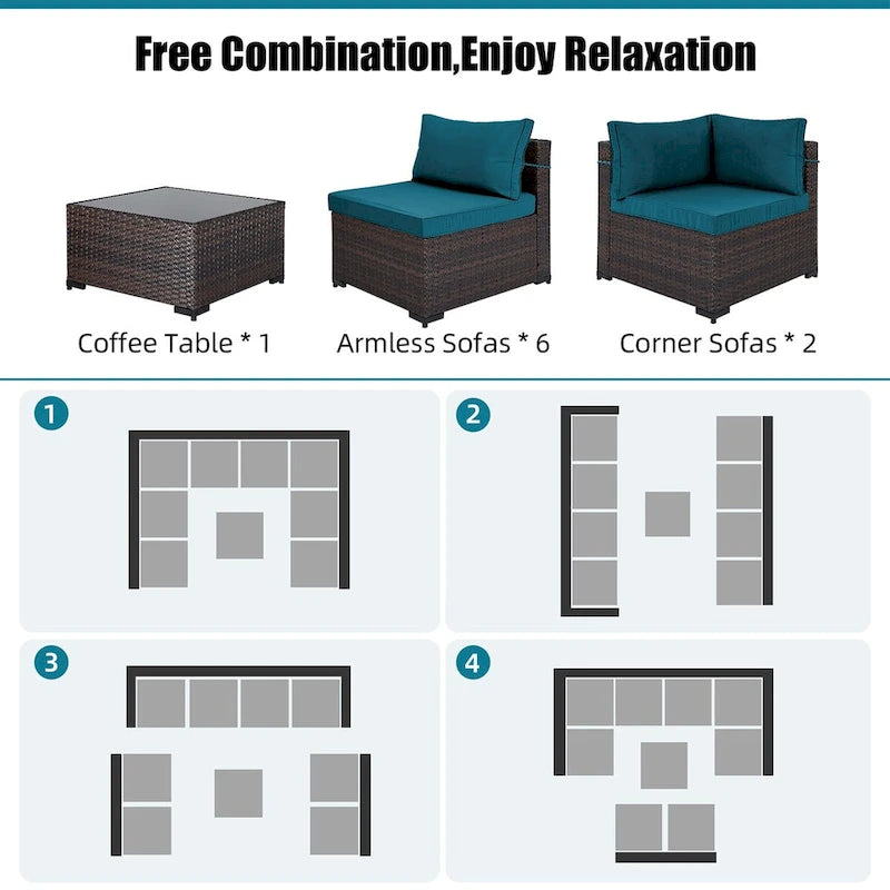 Ensemble sectionnel d'extérieur Patio Watcher en rotin 8 places avec coussins et table basse