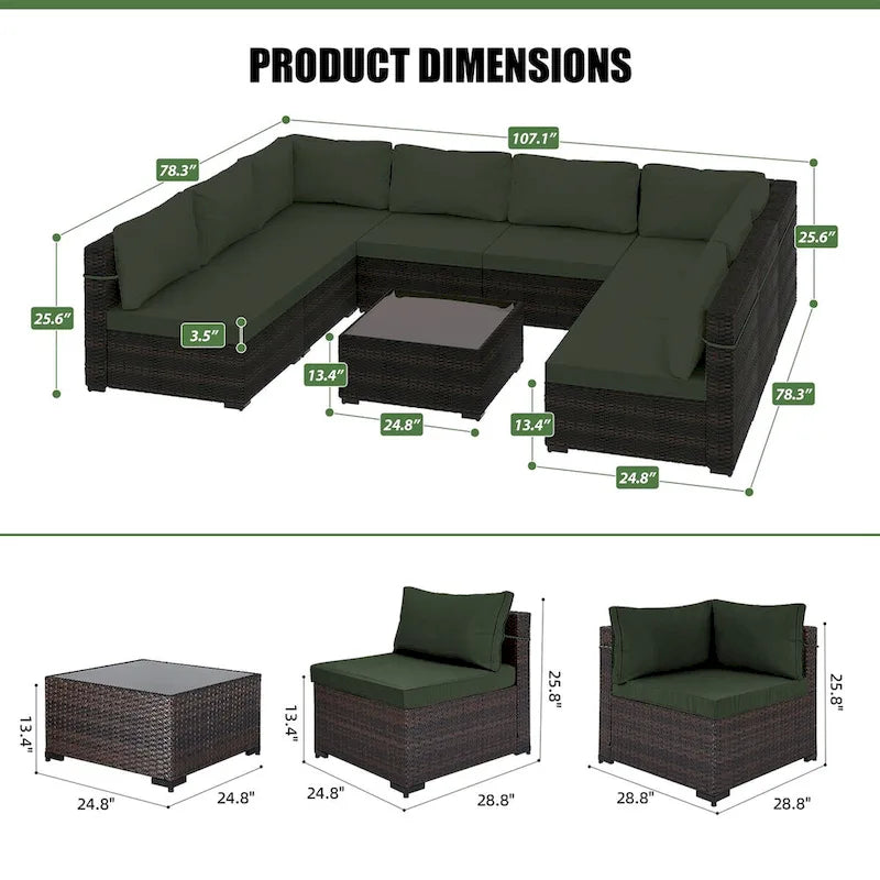 Ensemble sectionnel d'extérieur Patio Watcher en rotin 8 places avec coussins et table basse