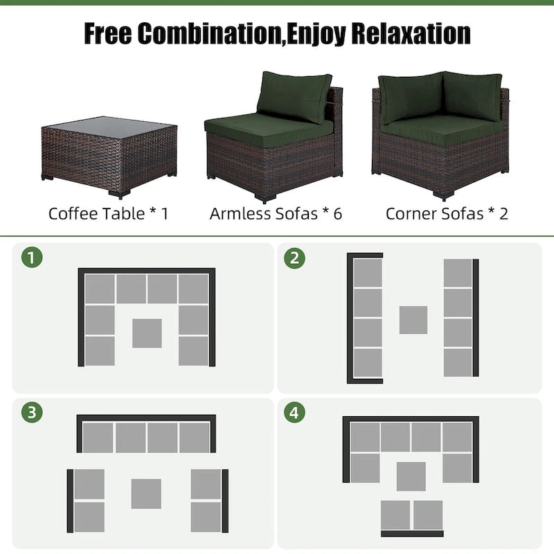 Ensemble sectionnel d'extérieur Patio Watcher en rotin 8 places avec coussins et table basse