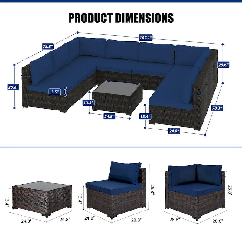 Ensemble sectionnel d'extérieur Patio Watcher en rotin 8 places avec coussins et table basse
