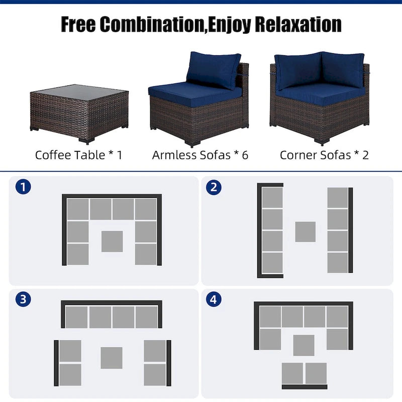 Ensemble sectionnel d'extérieur Patio Watcher en rotin 8 places avec coussins et table basse