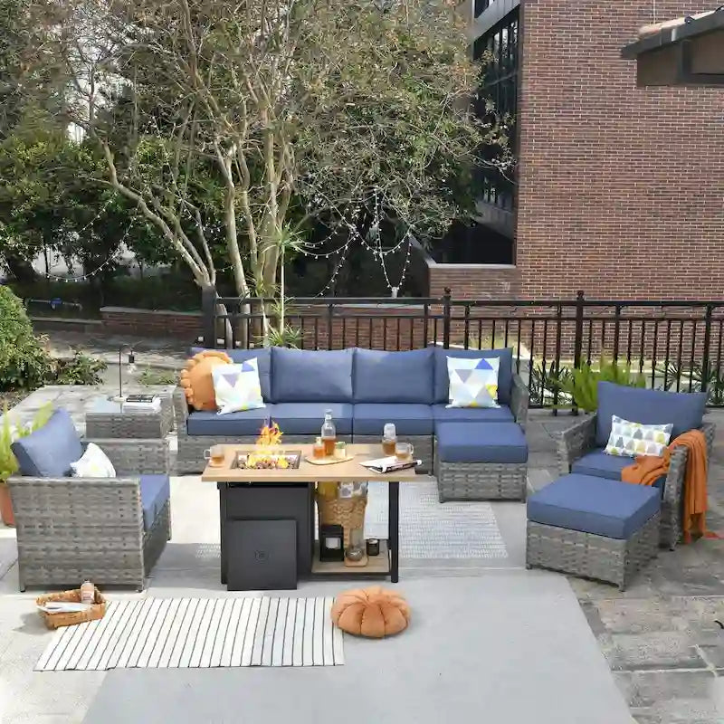 HOOOWOOO Ensemble de Meubles de Jardin Extérieur en Osier Gris 10 Pièces avec Foyer