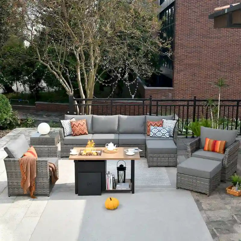 HOOOWOOO Ensemble de Meubles de Jardin Extérieur en Osier Gris 10 Pièces avec Foyer
