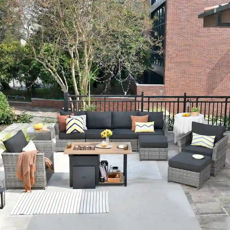 HOOOWOOO Ensemble de Meubles de Jardin Extérieur en Osier Gris 10 Pièces avec Foyer