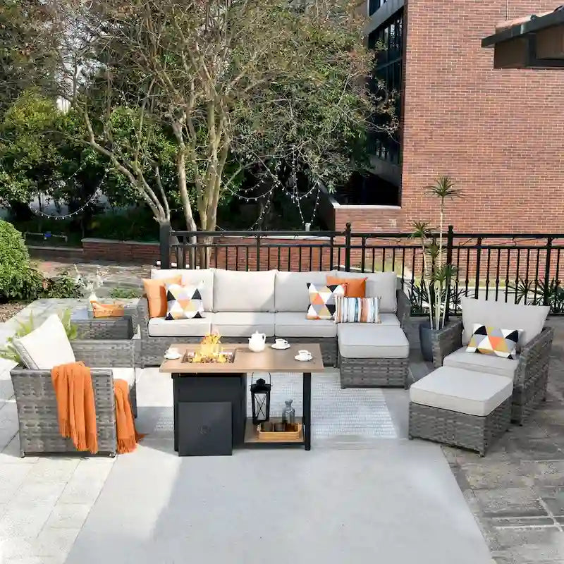 HOOOWOOO Ensemble de Meubles de Jardin Extérieur en Osier Gris 10 Pièces avec Foyer