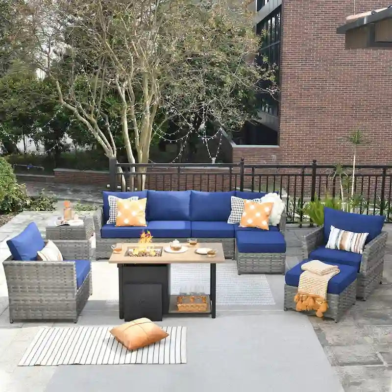 HOOOWOOO Ensemble de Meubles de Jardin Extérieur en Osier Gris 10 Pièces avec Foyer