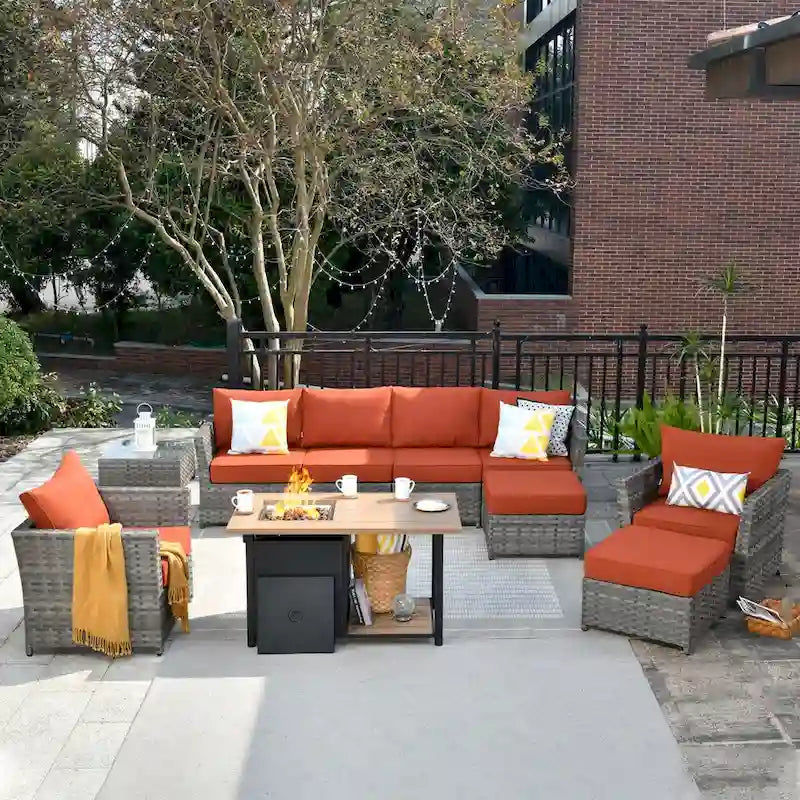 HOOOWOOO Ensemble de Meubles de Jardin Extérieur en Osier Gris 10 Pièces avec Foyer