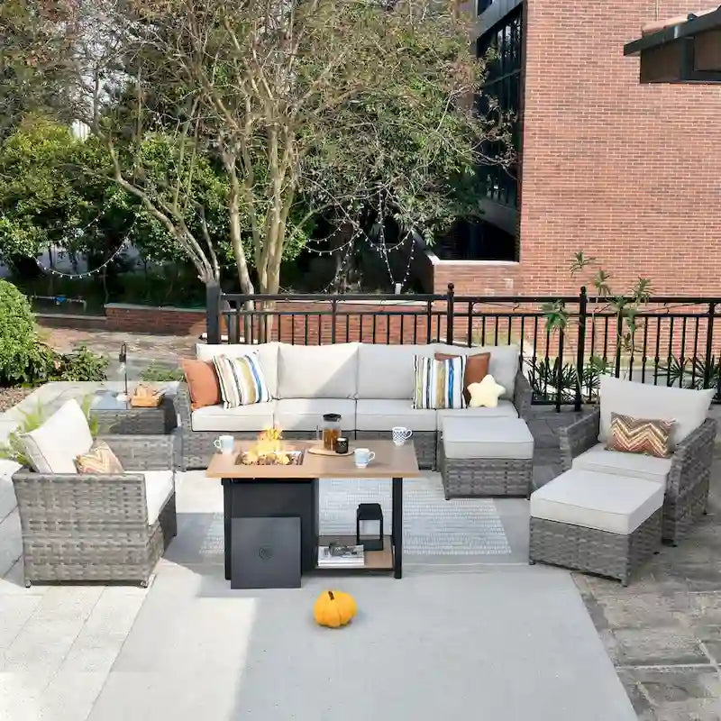HOOOWOOO Ensemble de Meubles de Jardin Extérieur en Osier Gris 10 Pièces avec Foyer