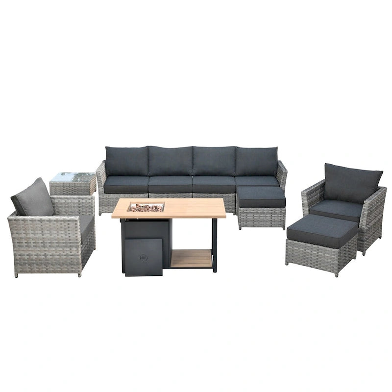 HOOOWOOO Ensemble de Meubles de Jardin Extérieur en Osier Gris 10 Pièces avec Foyer