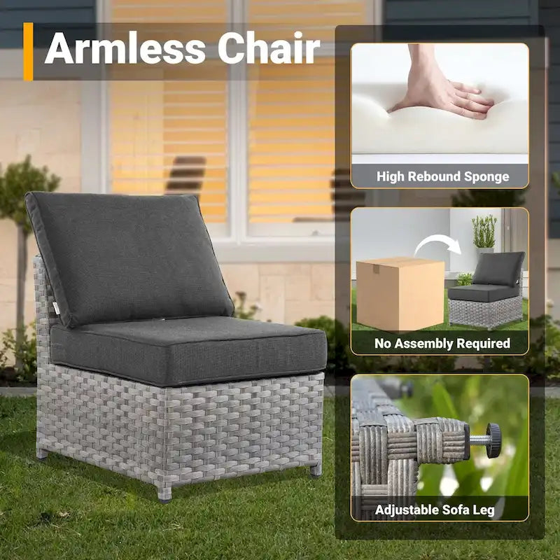 HOOOWOOO Ensemble de Meubles de Jardin Extérieur en Osier Gris 10 Pièces avec Foyer