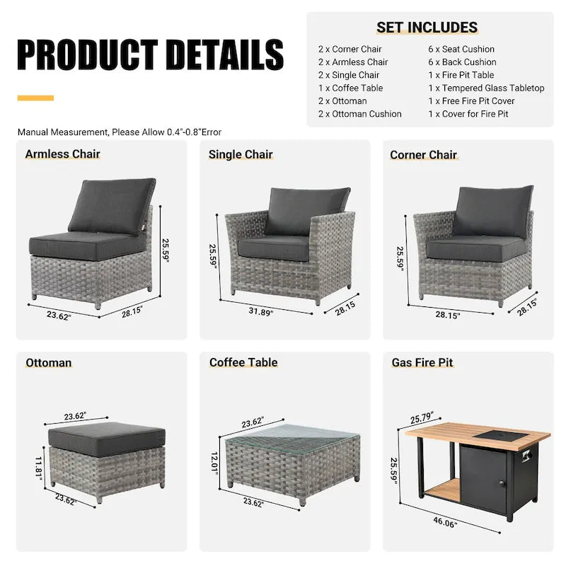 HOOOWOOO Ensemble de Meubles de Jardin Extérieur en Osier Gris 10 Pièces avec Foyer