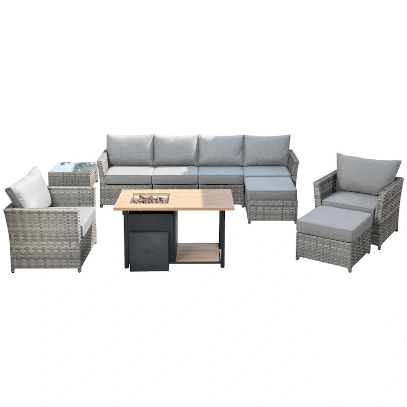 HOOOWOOO Ensemble de Meubles de Jardin Extérieur en Osier Gris 10 Pièces avec Foyer