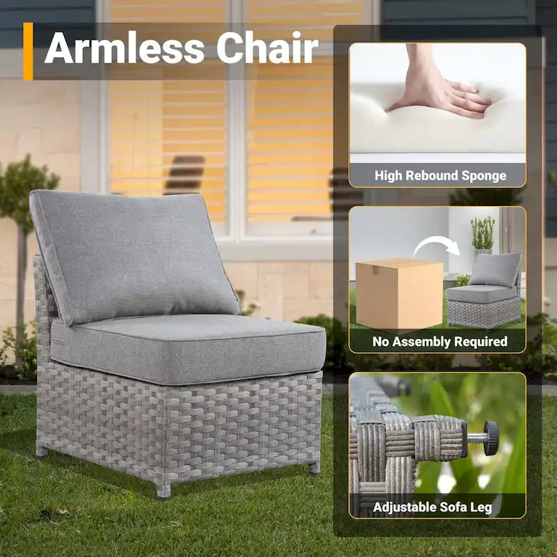 HOOOWOOO Ensemble de Meubles de Jardin Extérieur en Osier Gris 10 Pièces avec Foyer