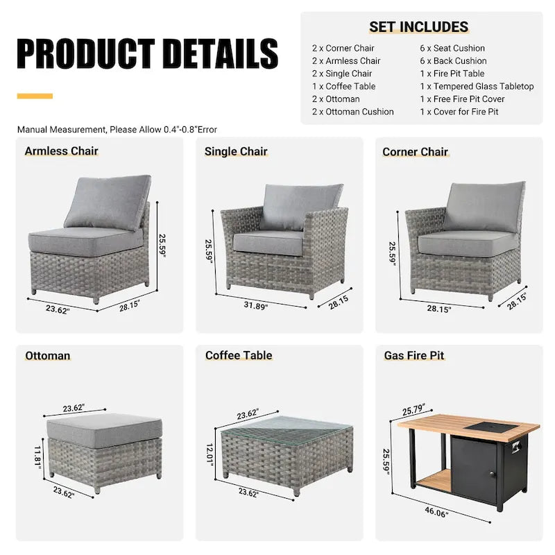 HOOOWOOO Ensemble de Meubles de Jardin Extérieur en Osier Gris 10 Pièces avec Foyer