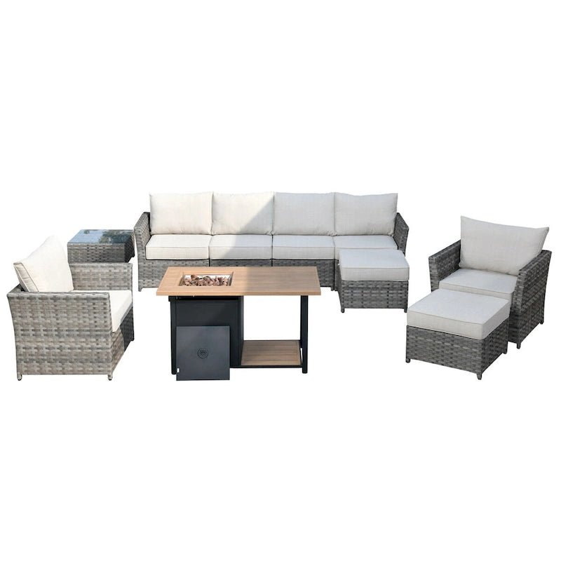 HOOOWOOO Ensemble de Meubles de Jardin Extérieur en Osier Gris 10 Pièces avec Foyer